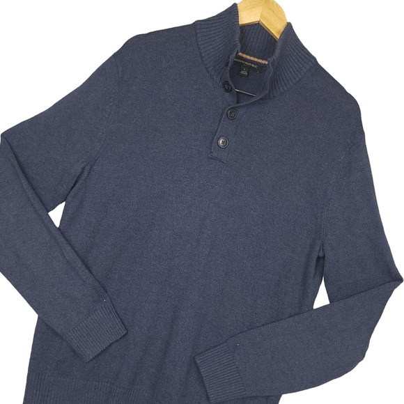 Banana Republic Men's Wool Pullover Sweater Sz Large 1/4 Button Ribbed Mock Neck - Picture 1 of 9